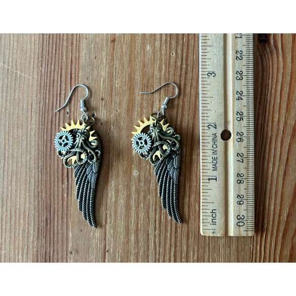 Steampunk Wing Gear Dangle Earrings Antique Bronze Gold Metal Kraken - Picture 3 of 3